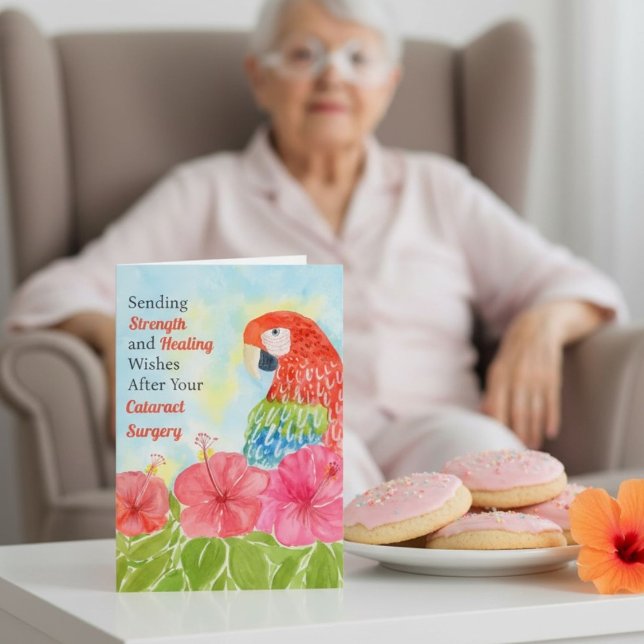 Cataract  Surgery Healing Scarlet Macaws, Hibiscus Karte (Von Creator hochgeladen)