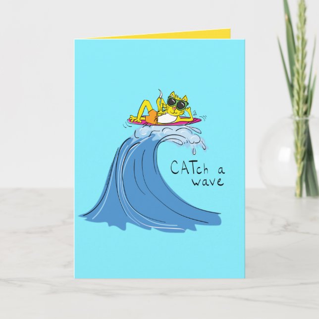 Catch a Wave Surfing Cat Carte de voeux amusante (Devant)
