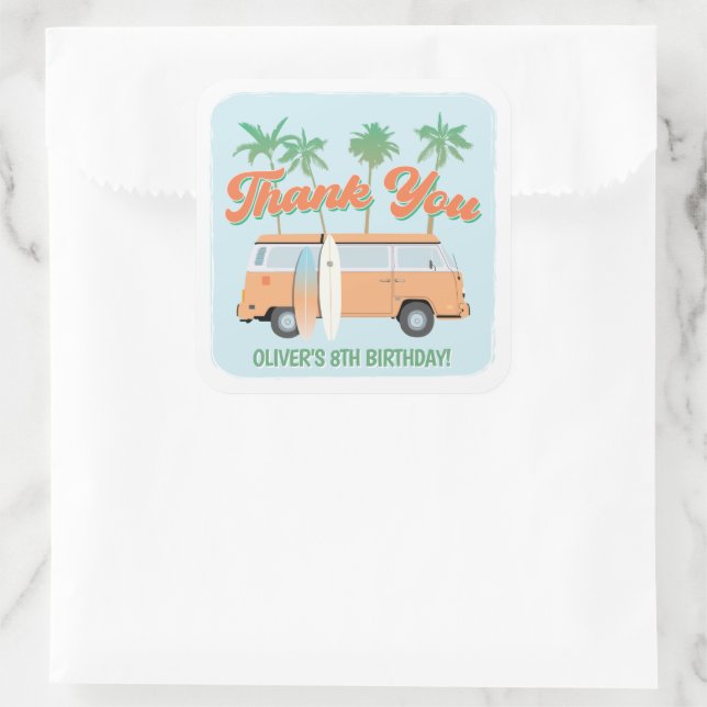 "Catch a Wave Surf's Up Birthday" Vielen Dank für  Quadratischer Aufkleber (Tasche)