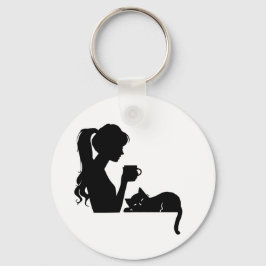 Catch Coffee Girl & Cat Silhouette Schlüsselanhäng Schlüsselanhänger