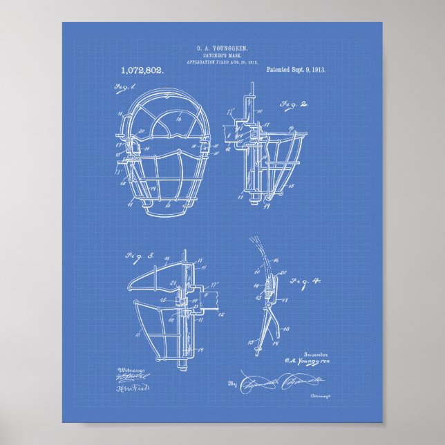 Catcher's Mask 1913 Patent Art Blueprint Poster (Vorne)
