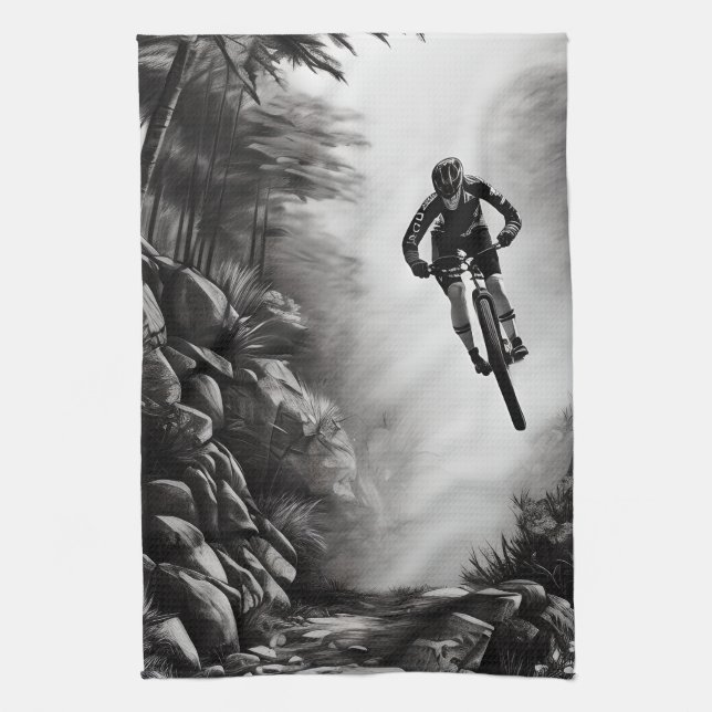 Catching Air - Mountain Bike Digitale Bleistiftski Geschirrtuch (Vertikal)