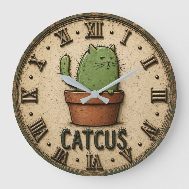 Catcus Funny Cactus Cat Große Wanduhr (Vorderseite)