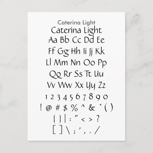 Caterina Light - Zazzle Schriftart Sampler Sheet Postkarte (Vorderseite)