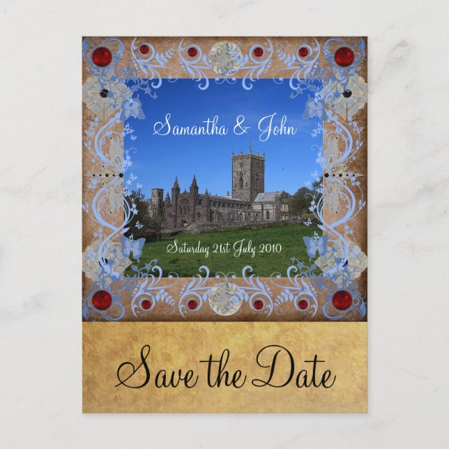 Cathedral Fotoframe Save the Date Postkarte (Vorderseite)