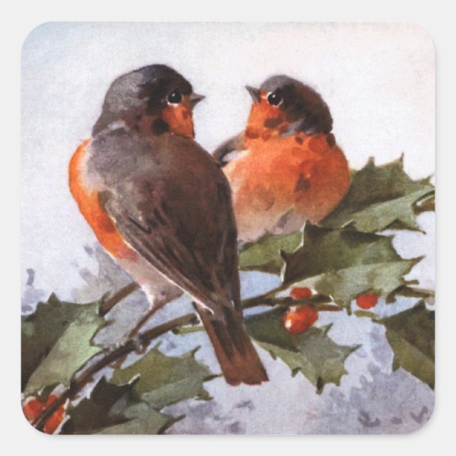 Catherine Klein: Robins über Holly Quadratischer Aufkleber (Vorderseite)