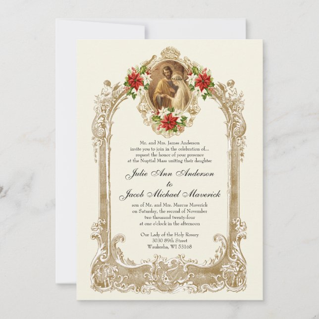 CATHOLIC CHRISTMAS POINSETTIA WEDDING INVITATIONS (Devant)