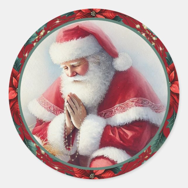 Catholic Christmas Santa with Rosary Poinsettias Runder Aufkleber (Vorderseite)