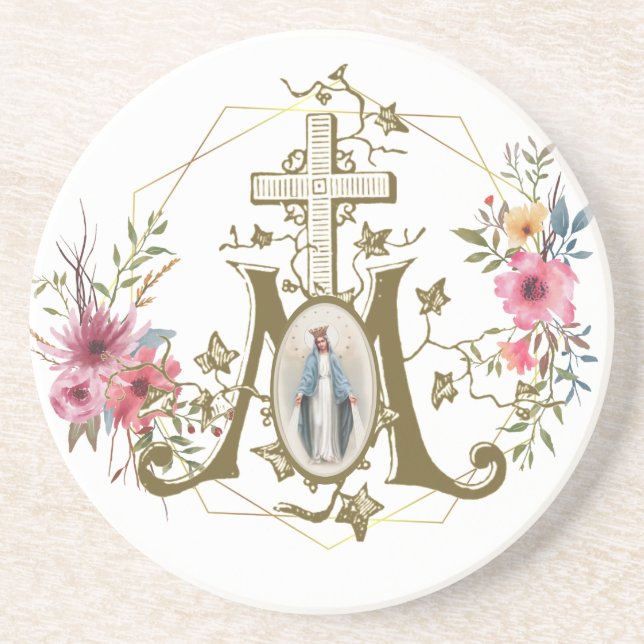 Catholic Meured Virgin Mary Marian Cross Floral Getränkeuntersetzer (Vorne)