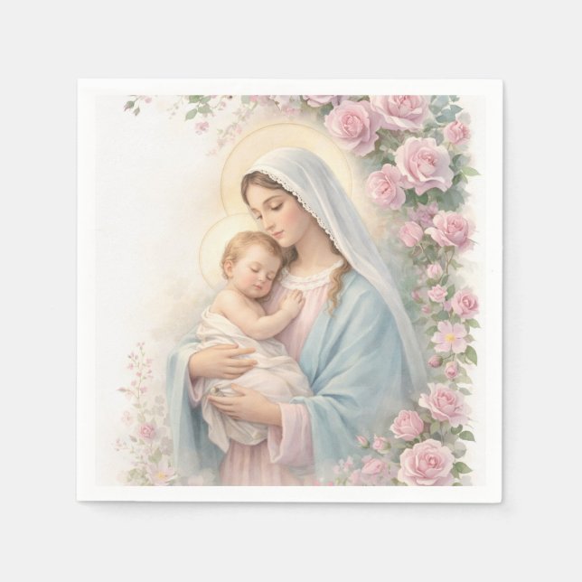Catholic Pink Floral Baby Jesus & Mother Mary  Serviette (Vorderseite)