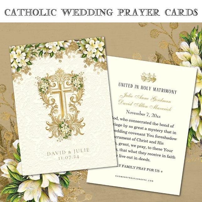 Catholique Blanc Floral Or Mariage Carte Sainte (Créateur téléchargé)