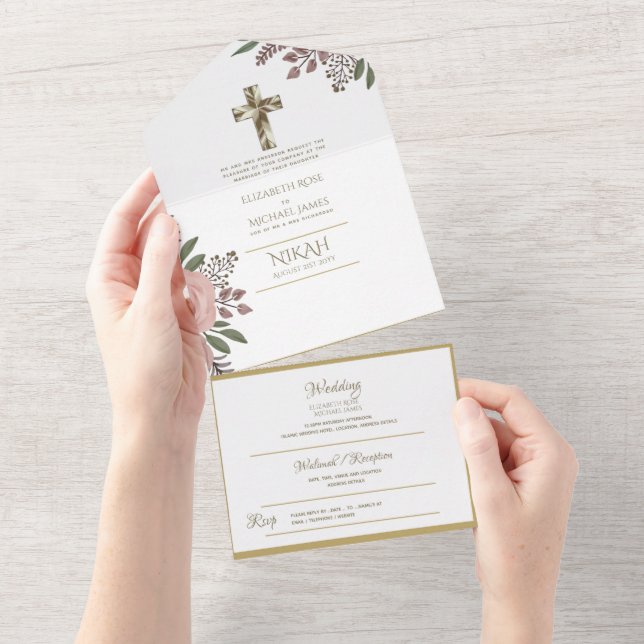 Catholique Floral Mariage Invitations Croix modern (Déchirure)
