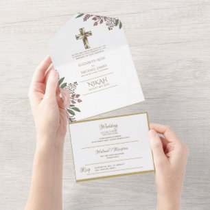 Catholique Floral Mariage Invitations Croix modern
