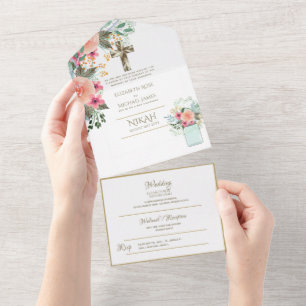 Catholique Floral Mariage Invitations Croix modern