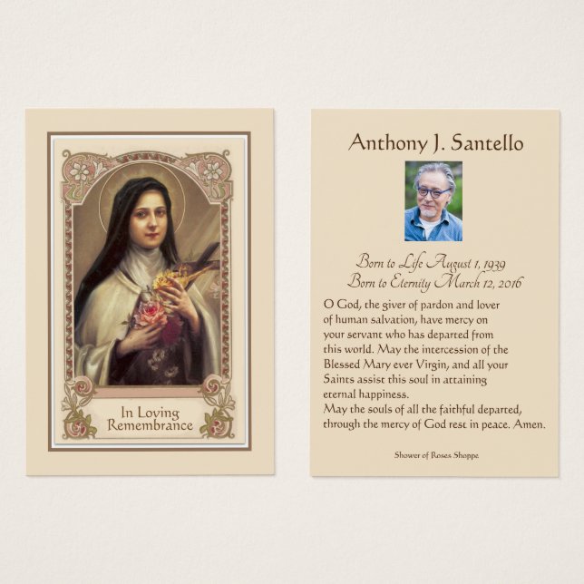 Catholique Therese Funeral Memorial Prière Carte S (Devant & derrière)