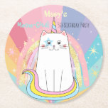Caticorn Cat Meow-Gical Birthday Kid Runder Pappuntersetzer<br><div class="desc">Magische Caticorn-Halbgärtnerlinie für Mädchen jeden Alters. Niedlicher,  pastellfarbener Regenbogen mit Katzeneinhorn und Sternen. Weitere Party-Vorräte sind ebenfalls verfügbar. Alle editierbar!</div>