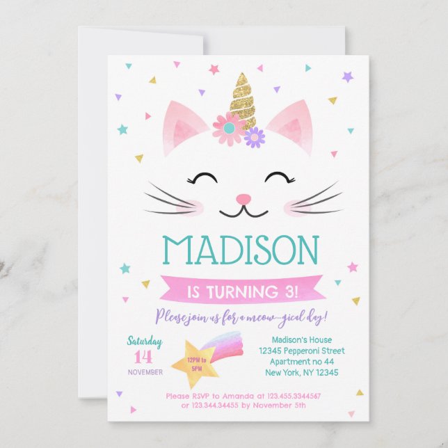 Caticorn Kitty Chat Kitten Invitations d'anniversa (Devant)