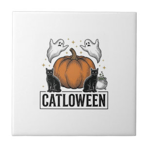 Catloween Schwarze Katze Geist Halloween Vektordes Fliese