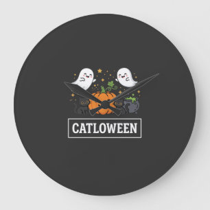 Catloween Süße Geist Katze Halloween Design_1 Große Wanduhr