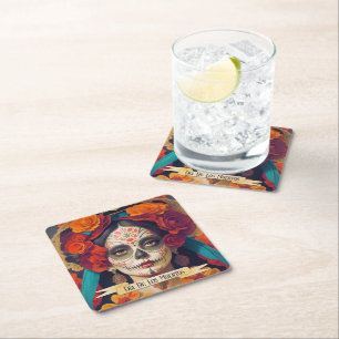 Catrina Day of the Dead 1 with text Rechteckiger Pappuntersetzer