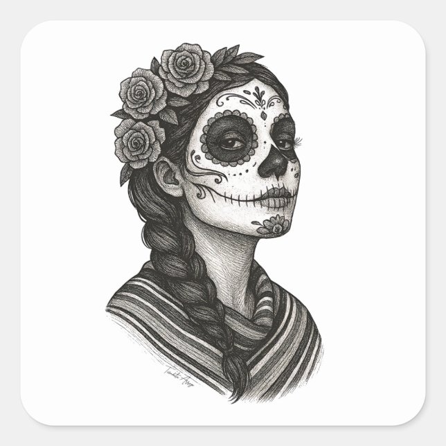 Catrina Mexicana Sarape Y Rosas Dia de Muertos Quadratischer Aufkleber (Vorderseite)