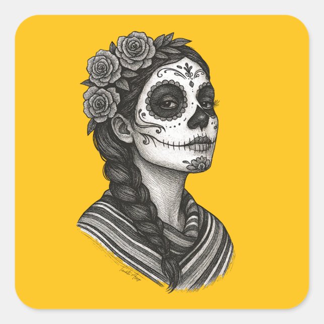Catrina Mexicana Sarape Y Rosas Dia de Muertos Quadratischer Aufkleber (Vorderseite)