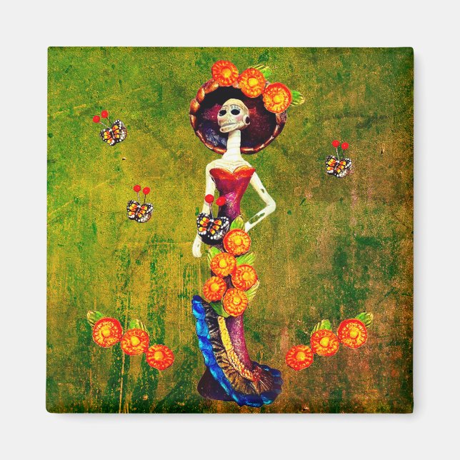 Catrina W/Hat, Orange Blume & Blue Gold Ruffles Magnet (Vorne)