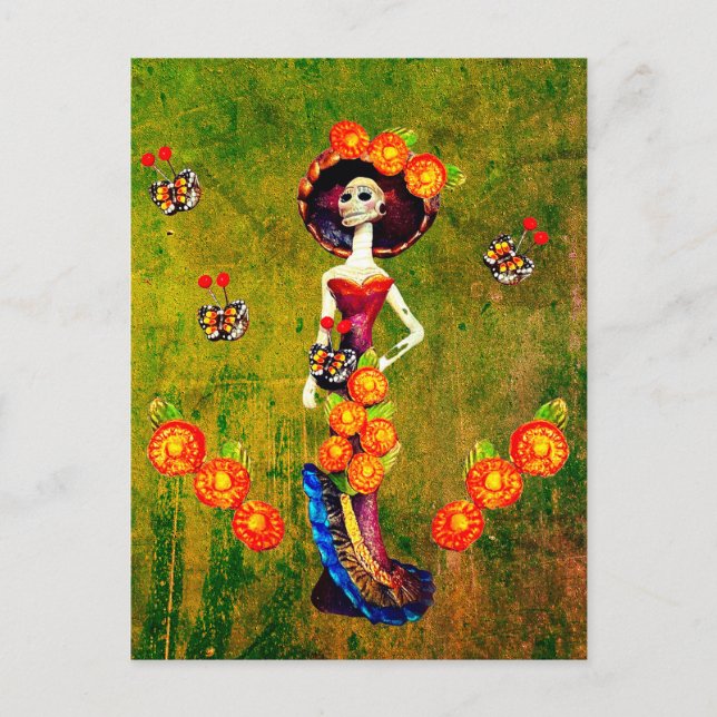 Catrina W/Hat, Orange Blume & Blue Gold Ruffles Postkarte (Vorderseite)