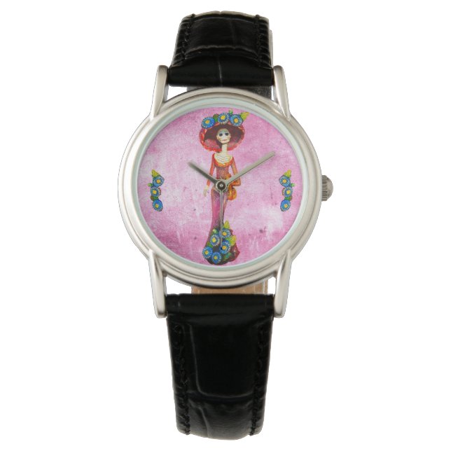 Catrina W/Red Dress & Blumen auf rosa gewaschen Armbanduhr (Vorderseite)