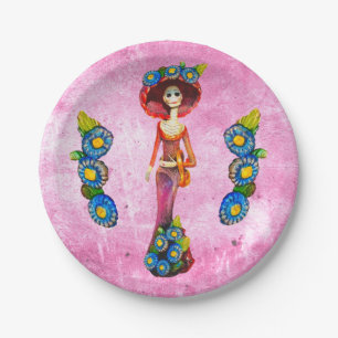 Catrina W/Red Dress & Blumen auf rosa gewaschen Pappteller