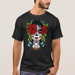 Catrina Zucker-Schädel Calavera Mexikanische Rose T-Shirt
