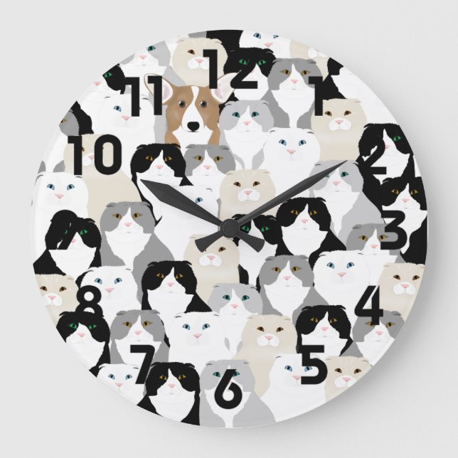 Cats and Hunde Wall Clock Große Wanduhr (Vorderseite)