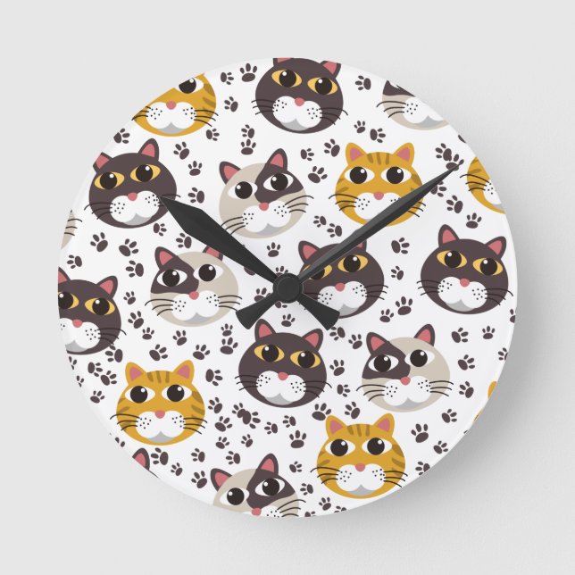Cats and paw prints pattern throw pillow runde wanduhr (Vorderseite)