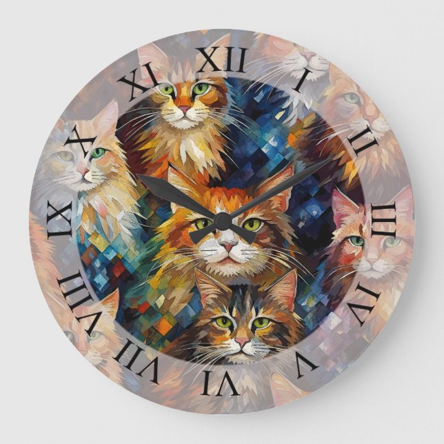 Cats Faces Animals Art Große Wanduhr (Vorderseite)