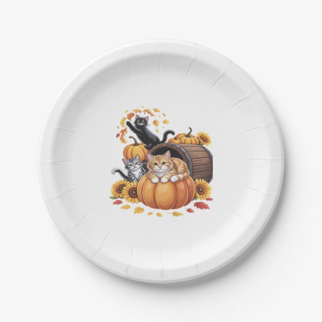 Cats Fall Autumn Pumpkins Thanksgiving Sunflower C Pappteller (Vorderseite)