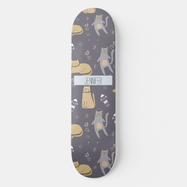 Cats in Space Seamless Pattern Custom Name Skateboard (Vorderseite)