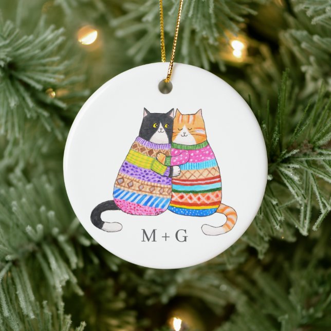 Cats in Sweater Snuggling Couple Custom Christmas  Keramik Ornament (Baum)