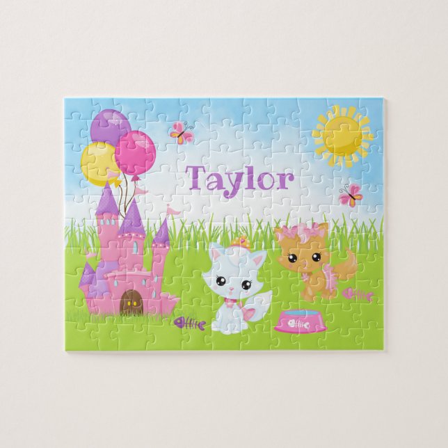 Cats Kittens Castle Pink und Lila Jigsaw Puzzle (Horizontal)