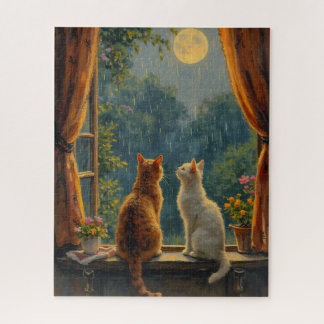 Cats looking at the moon and rain