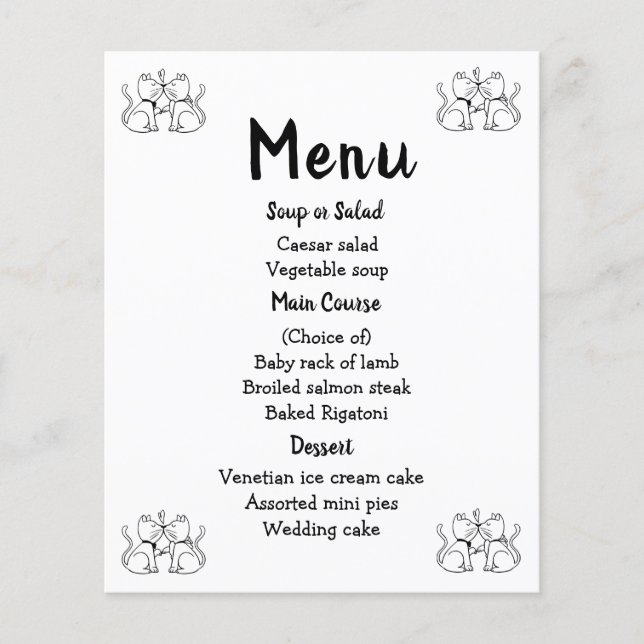 Cats Menu Schwarz-weiße Hochzeitsparty Kitty Moder (Vorderseite)