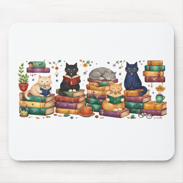 Cats Reading Books Cozy Library Scene Mousepad (Vorne)