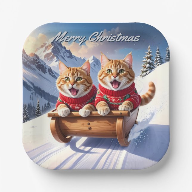 Cats Sled Ride Weihnachten Pappteller (Vorderseite)