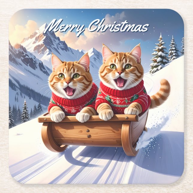 Cats Sled Ride Weihnachten Rechteckiger Pappuntersetzer (Vorderseite)