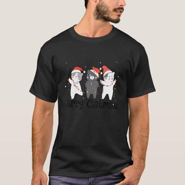 Cats With Santa Hat Christmas Light Merry Catmas C T-Shirt (Vorderseite)