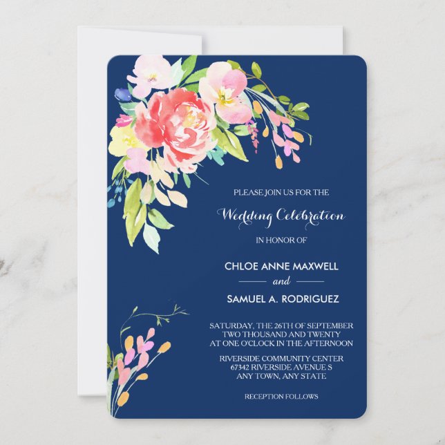 Cattails und Floral auf Blue Wedding Einladung (Vorderseite)