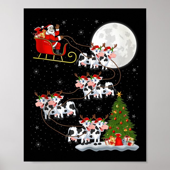 Cattle Cow Santa Sleigh Flying Funny Magical Chris Poster (Vorne)