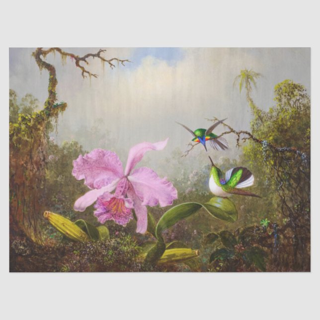 Cattleya Orchid mit zwei brasilianischen Hummingbi Seidenpapier (Vorderseite)