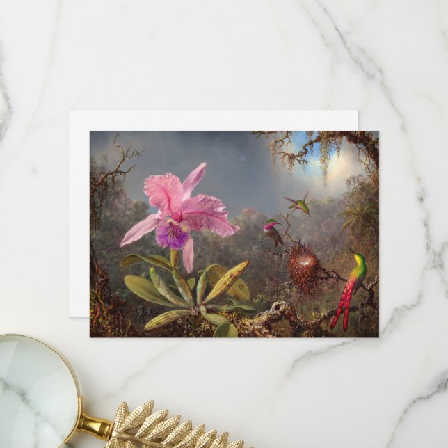 Cattleya Orchid und Three Hummingbirds by Heade Dankeskarte (Vorderseite/Rückseite Beispiel)