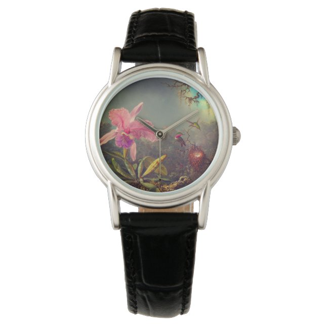 Cattleya Orchid und Three Hummingbirds Heade Armbanduhr (Vorderseite)