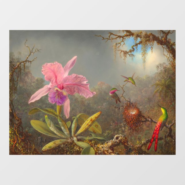 Cattleya Orchid und Three Hummingbirds Heade Fensteraufkleber (Blatt)